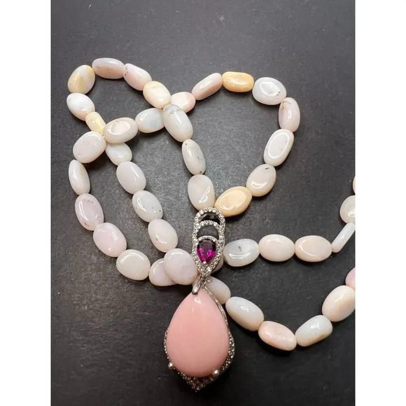 Peruvian pink opal and raspberry rhodolite garnet sterling silver necklace - Picture 7 of 9